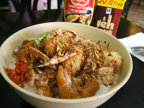 Java Village's bubur ayam features fried chicken.