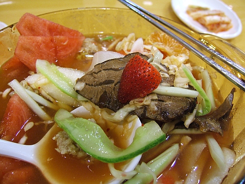 The Chinese name translates to noodle hat, but there are no noodles to be found in this cold soup.