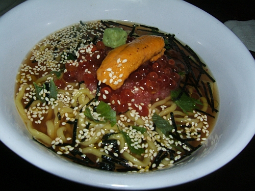 This refreshing bowl of tsukemen topped with a trio of fish roe sings with the flavors of Japan.