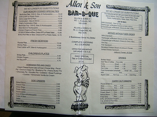 Allen & Son’s menu features a bashful looking little piggy.