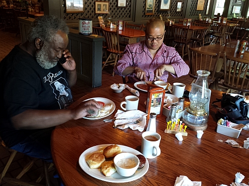 Tyson Ho and his mentor, whole hog guru Ed Mitchell having a hearty country breakfast at Cracker Barrel.