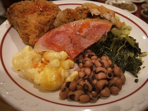 Mama Dip’s soul food: fried chicken, chittlins, lima beans,collards, black eye peas, mac and cheese,and country ham.