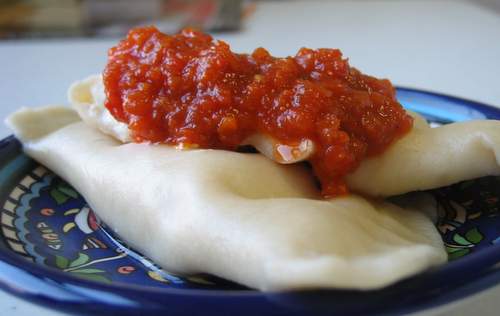 Khinkali topped with ajika from Brick Oven Bread. Photo by Anne Noyes Saini.