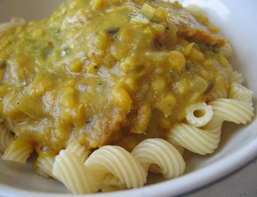 Punjabi chana daal over Italian cavatappi pasta. Photo by Anne Noyes Saini.