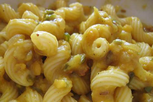 Punjabi chana daal over Italian cavatappi pasta. Photo by Anne Noyes Saini.